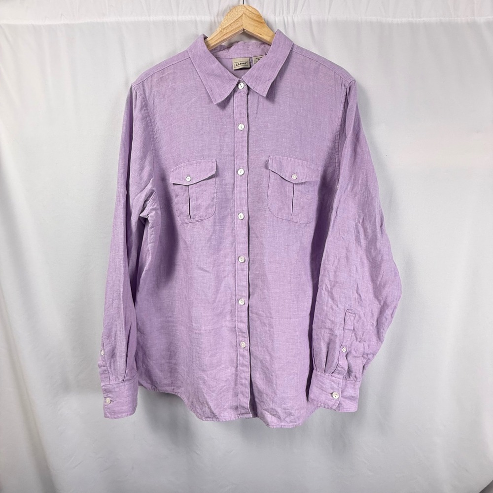 LL Bean Womens XL Linen Long Sleeve Button Down Shirt Purple Lavender‎ Pockets